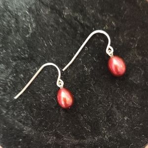 Red Pearl Drop Earrings sterling 925 fresh water pearl dangle H